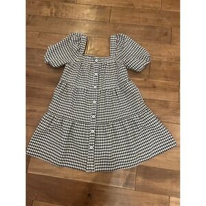 Zara EU XS Black White Gingham Tiered Mini Dress Square Neck Puff Sleeve